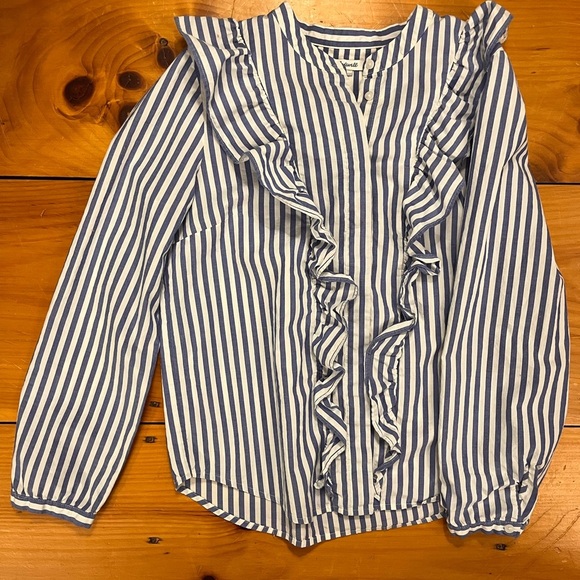 Madewell Striped Ruffle Blouse Spectra Blue Cottagecore Fairy Coquette Sz M - Picture 5 of 9